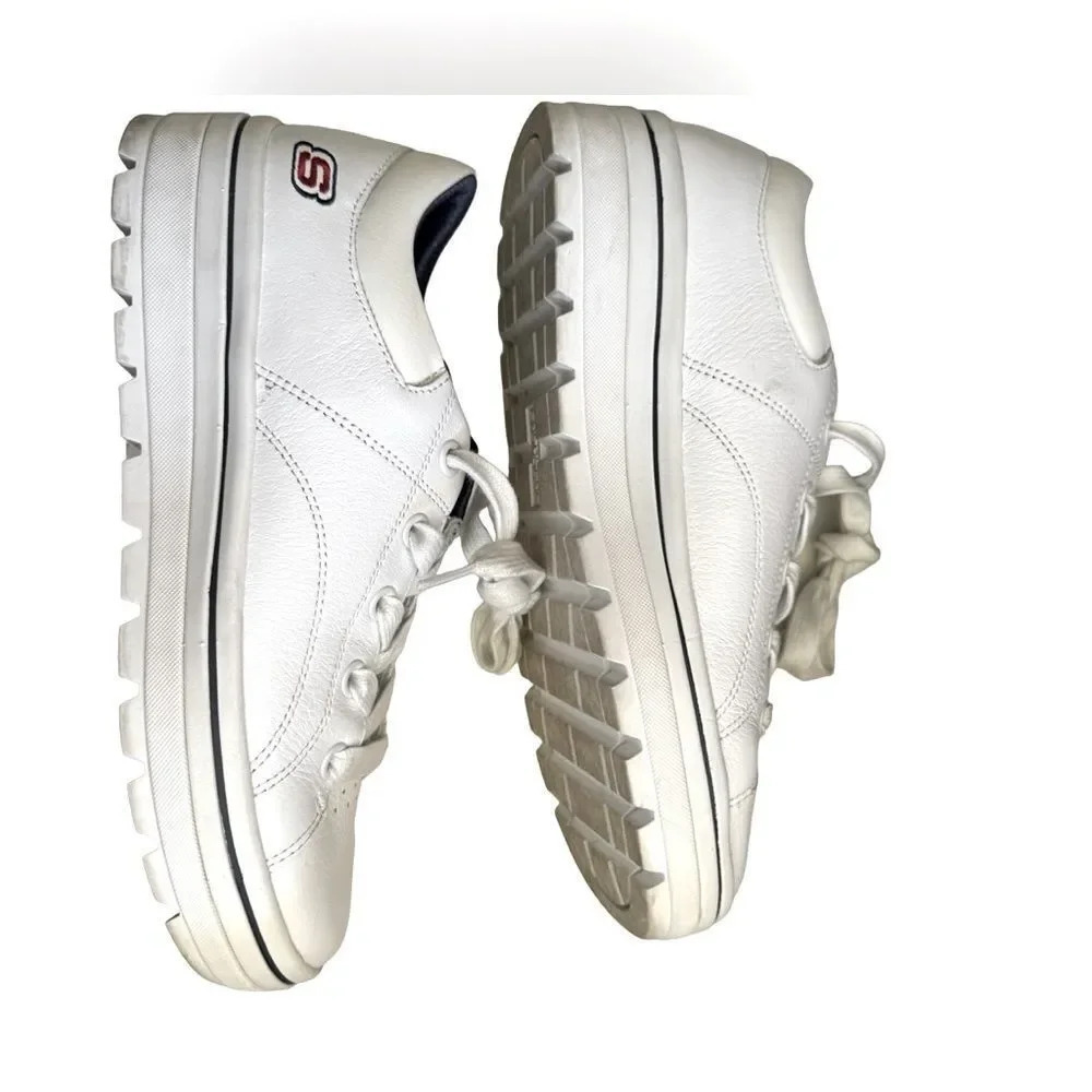 EUC worn once Skechers White Leather sneakers Street Cleats Sold Out Sz 9.5US - Picture 3 of 7